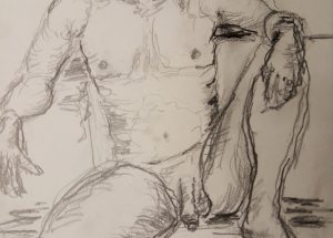 Bliv tegnet i croquis - nøgen-tegning af siddende mand ved stranden tegnet 2020 af Lars Stounberg