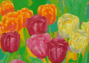 Farverigt moderne maleri - Mørkeroede, gule og orange tulipaner 2011 - Billedkunstner Odder Lars Stounberg