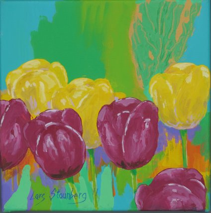 Farverigt moderne maleri - Moerkeroede og gule tulipaner 2011 - Billedkunstner Odder Lars Stounberg