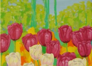 Farverigt moderne maleri - Mørkeroede og hvide tulipaner foraar 2011 - Billedkunstner Odder Lars Stounberg